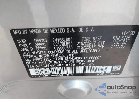 2021 Honda Hr-V Awd Ex из США, поврежденный, VIN 3CZRU6H55MM710250